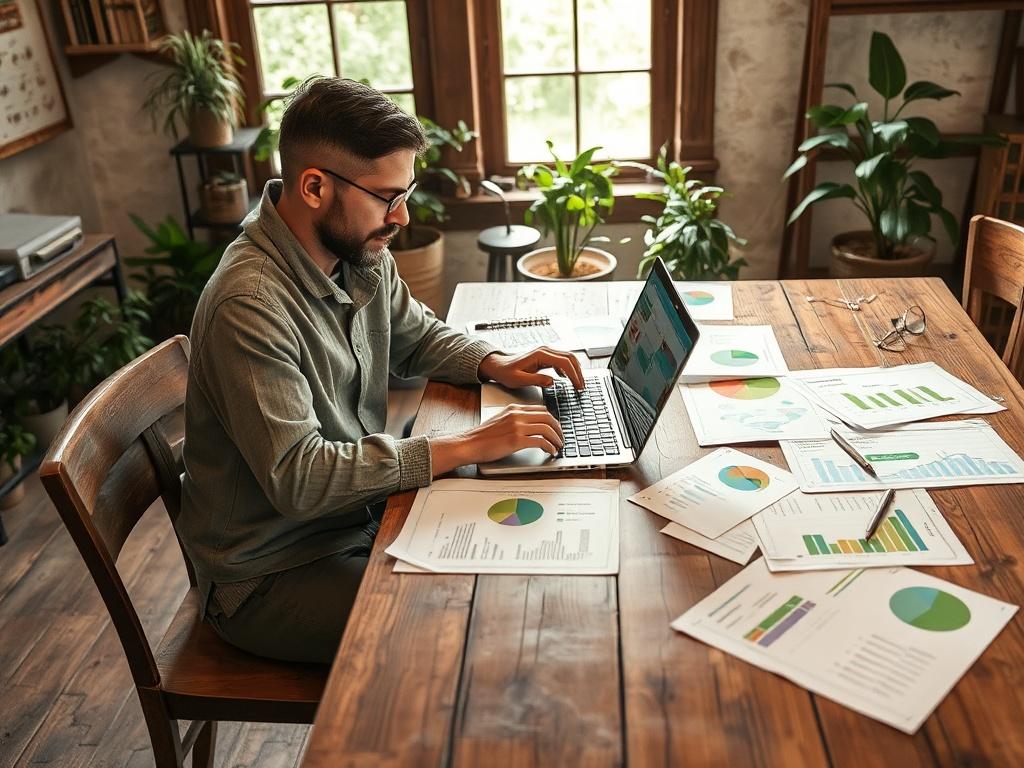 An environmental analyst reviews data on a laptop while sitting