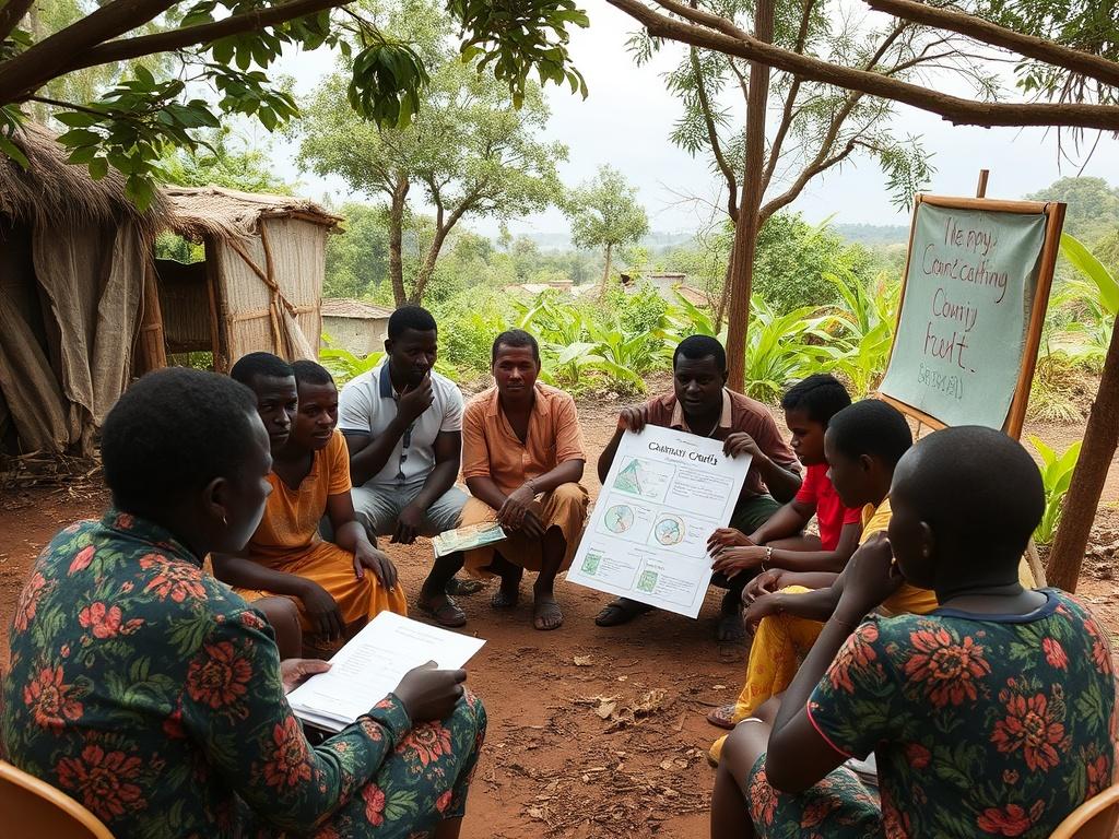 A community gathering in Congo, with local residents engaged in