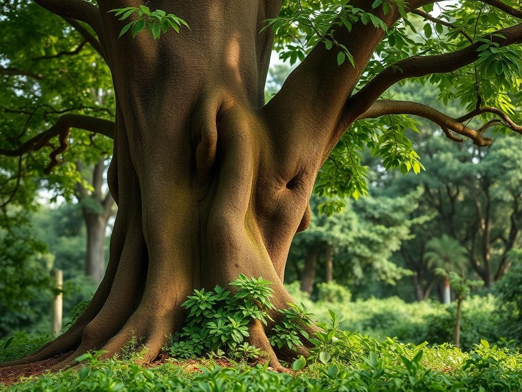 Create a highly detailed, realistic high-resolution photo that reflects the blog titled "The Importance of Forest Preservation in Congo." The composition should be simple and clear, focusing solely on one subject: a lush, verdant section of a Congolese forest. In the foreground, showcase a majestic tree, displaying its thick trunk and expansive canopy, symbolizing the strength and vitality of the forest. 

Ensure the tree is surrounded by vibrant green foliage, including various types of leaves and small pl