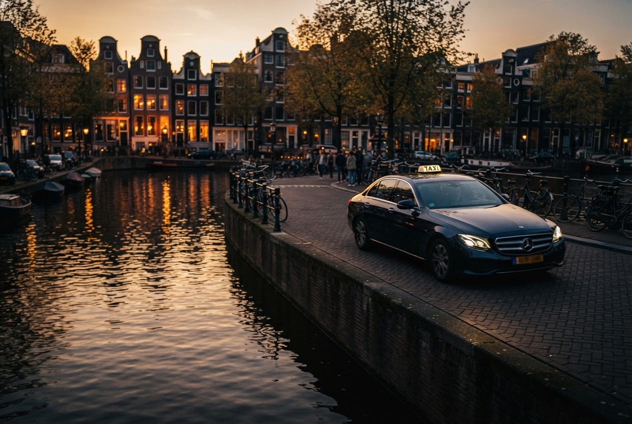 Taxi rijdt langs een Amsterdamse gracht bij zonsondergang