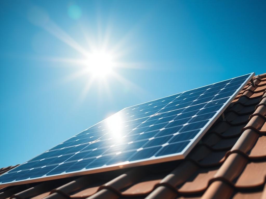 A close-up shot of a solar energy panel installed on a rooftop, with the sun shining brightly in the background. The composition should focus solely on the solar panel, showcasing its sleek design and solar cells. The sky should be clear blue, emphasizing the clean energy aspect. The image should have a hyper-realistic style, capturing the details of the solar panel and the sunlight reflecting off its surface.