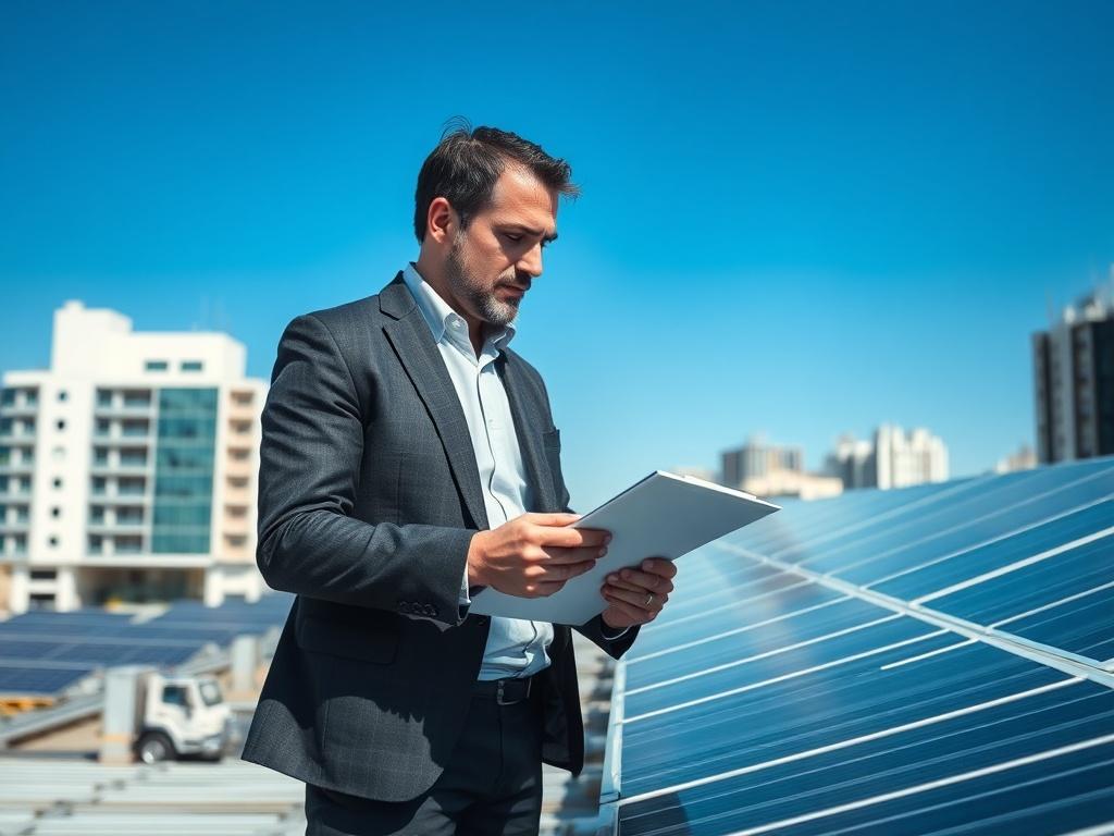 A professional consultant conducting a site assessment for solar energy installation at a commercial building. The consultant is examining solar panels on the roof with a clipboard in hand. The background shows a clear blue sky and urban surroundings, emphasizing the solar energy potential. The focus is on the consultant, capturing the details of their professional attire and equipment, rendered in hyper-realistic style.