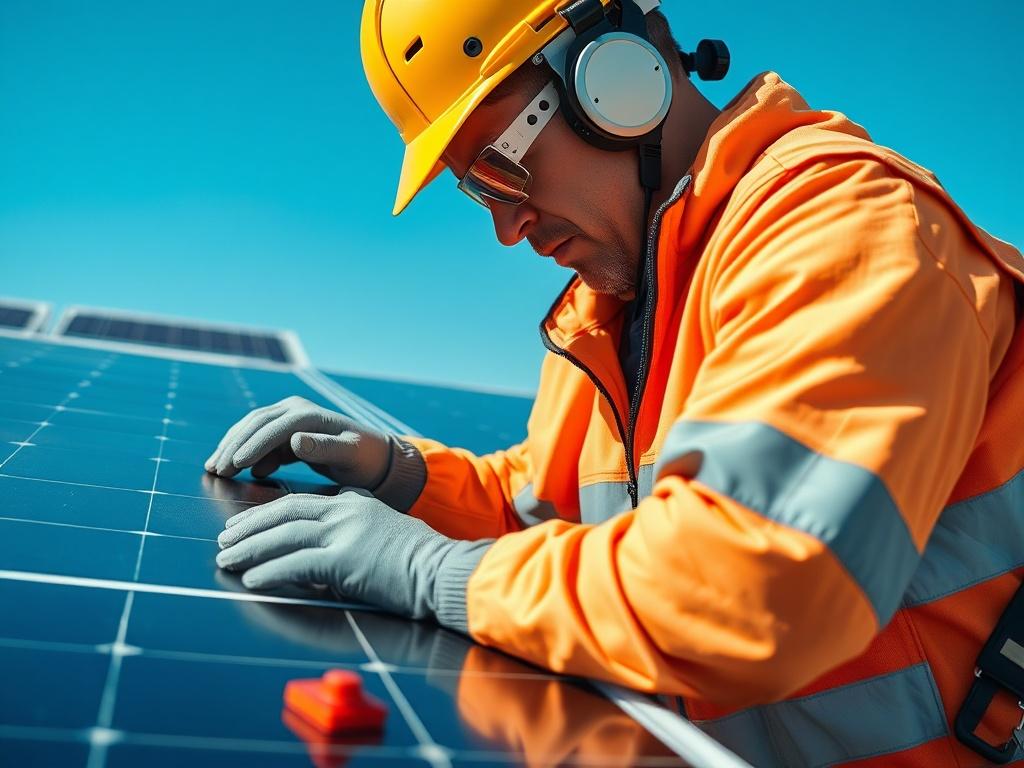 A close-up shot of a technician performing maintenance on a solar panel, showcasing a clean and bright environment. The technician is inspecting the solar panel while wearing appropriate safety gear. The background features a clear blue sky and a few solar panels in view, emphasizing the solar energy theme. The image should be hyper-realistic and vibrant, highlighting the importance of maintenance in solar energy systems.