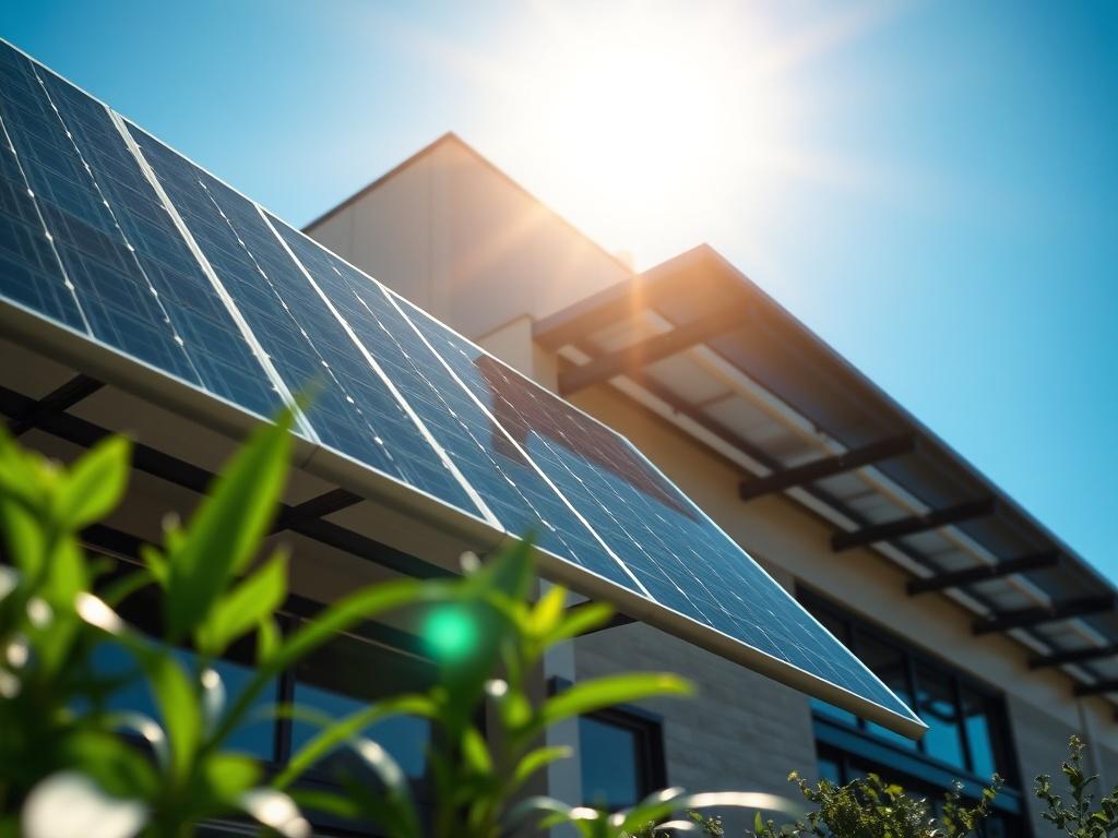 A high-resolution image of a modern solar energy system installed on a commercial building, showcasing solar panels with a bright blue sky in the background. The setting should emphasize sustainability, with green plants around the building. The image should focus on the solar panels and the building, shot with a 45mm f/1.2 lens.
