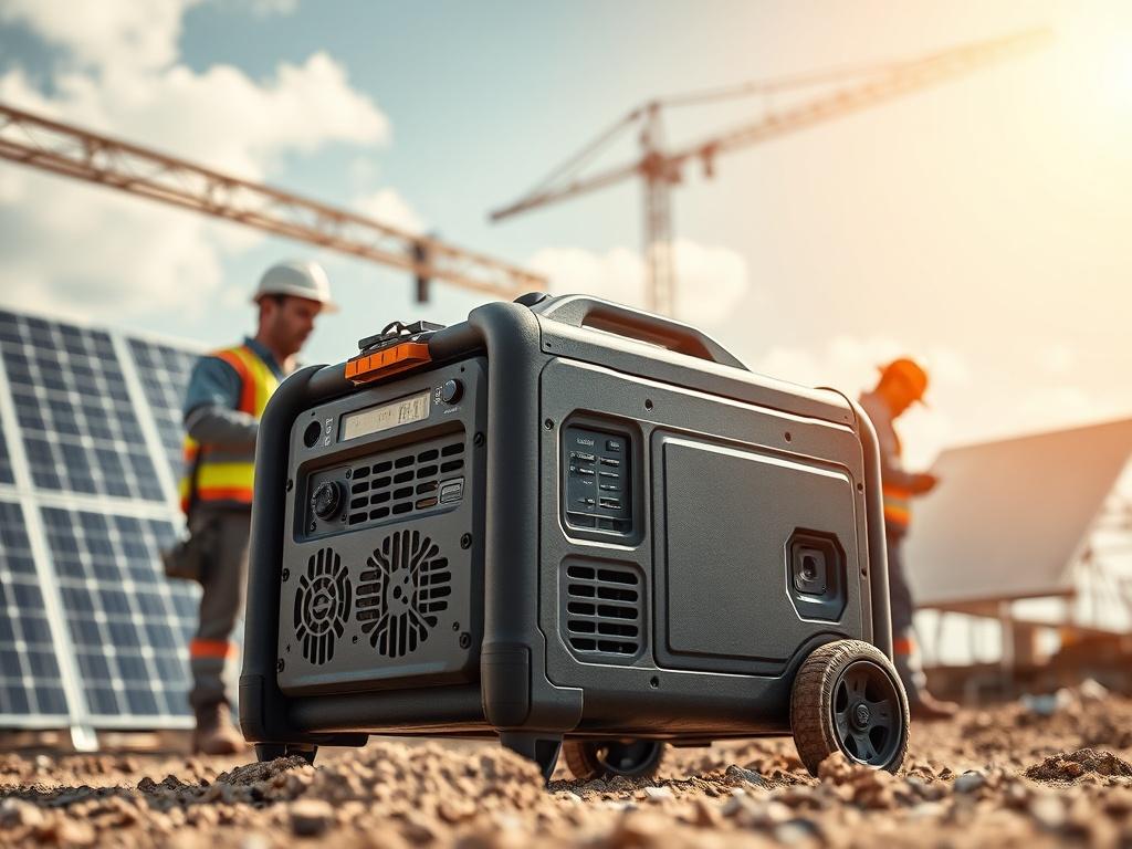 A dynamic close-up shot of a portable solar generator in use at a construction site, with workers operating nearby. The generator should be prominently featured, with solar panels in the background, under a sunny sky. The image should evoke a sense of reliability and power, shot with a 45mm f/1.2 lens.
