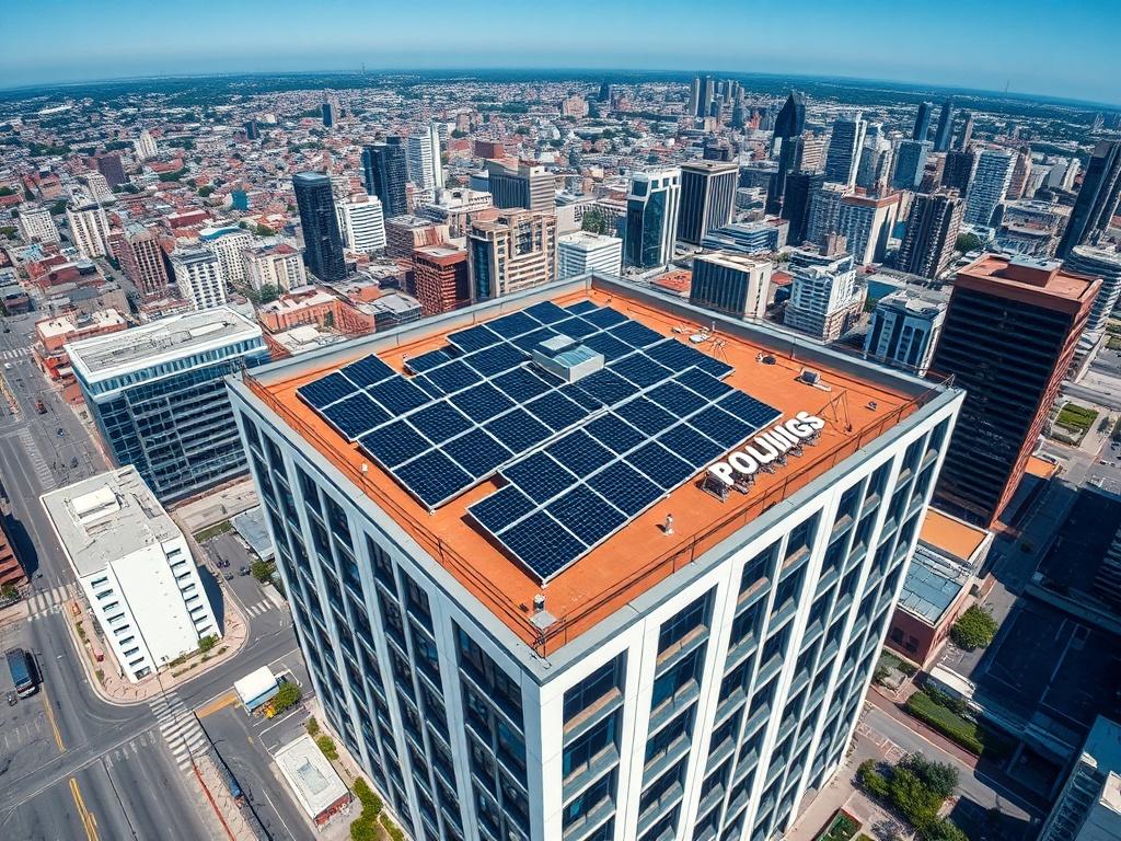 A stunning aerial view of a commercial building with solar panels installed on its rooftop, surrounded by a vibrant cityscape. The image should highlight the solar panels and the building's architecture under a clear blue sky, emphasizing sustainability and urban energy solutions, shot with a 45mm f/1.2 lens.