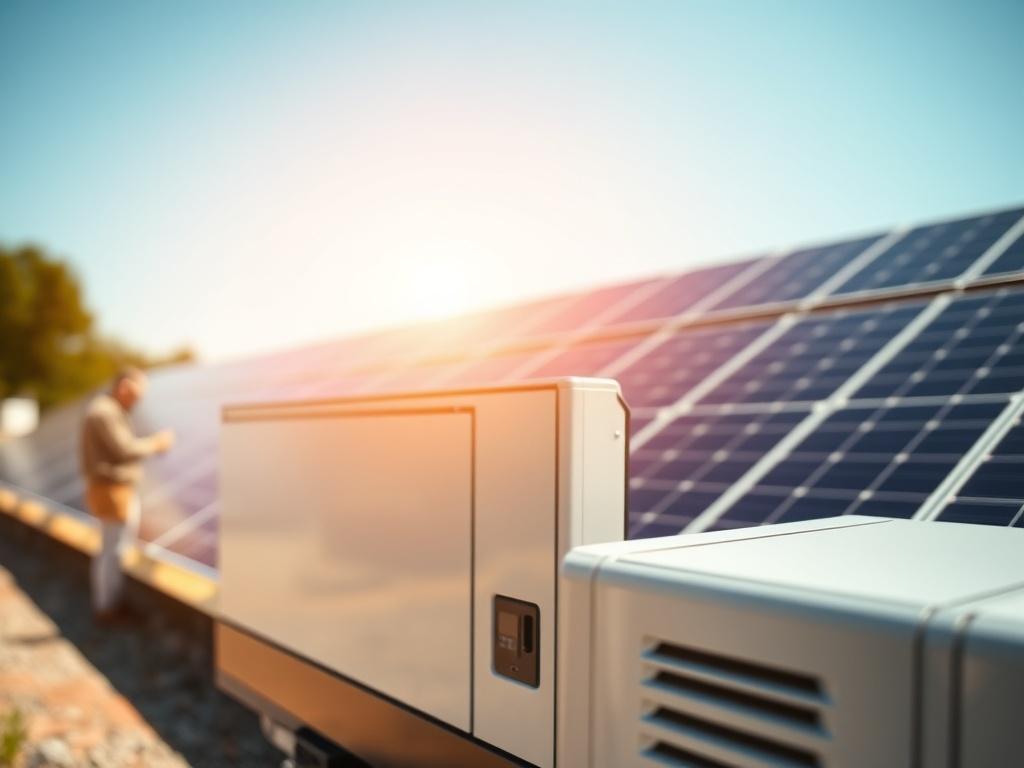 A hyper-realistic close-up shot of a solar generator in a professional outdoor setting. The generator is clearly visible, showcasing its modern design and features. The background is softly blurred, highlighting the vibrant solar panels under sunlight, with a clear blue sky above. The image should convey a sense of reliability and innovation in renewable energy.