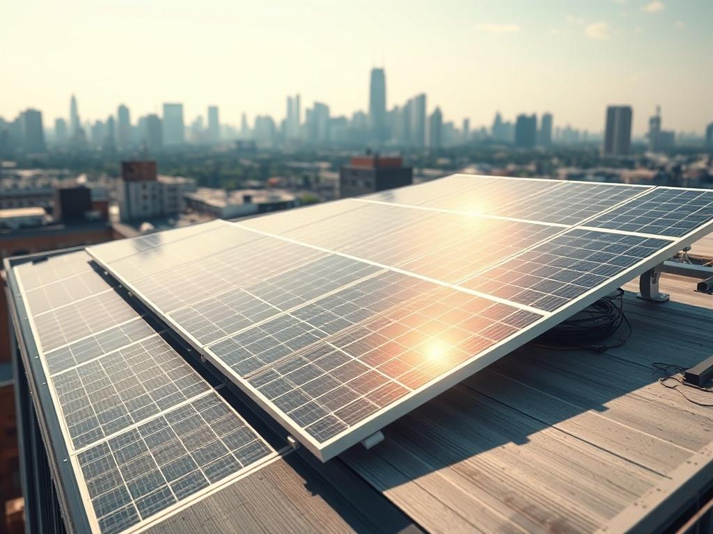 A hyper-realistic close-up shot of a rooftop solar panel installation on a commercial building. The solar panels are angled perfectly to catch the sunlight, with the city skyline in the background. The image emphasizes the integration of technology and sustainability, showcasing a modern and clean energy solution.