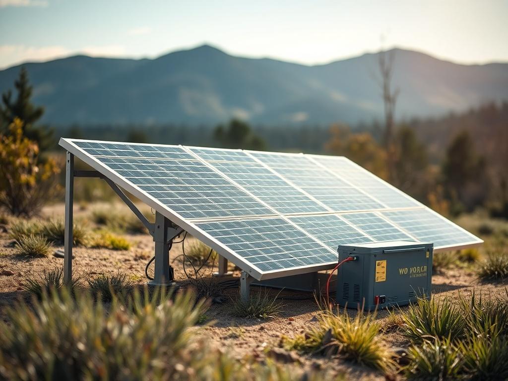 A hyper-realistic close-up shot of an off-grid solar system setup in a natural landscape. The solar panels are strategically positioned, capturing sunlight, with a battery storage system beside them. The background showcases a serene environment, reflecting the concept of sustainability and independence in energy.