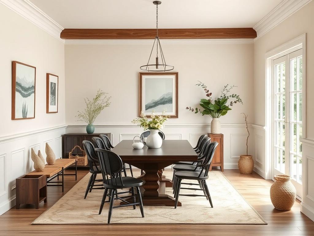 A charming dining area featuring exquisite wainscoting that adds character