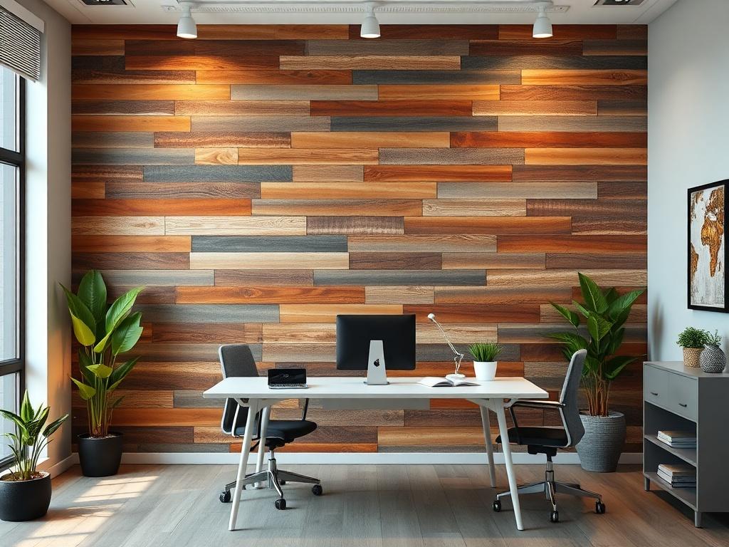 A contemporary office space showcasing a stylish accent wall made