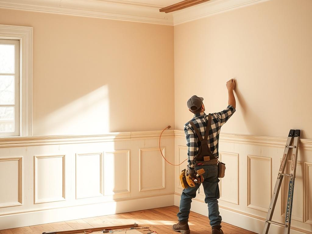A skilled carpenter installing wainscoting in a bright and airy
