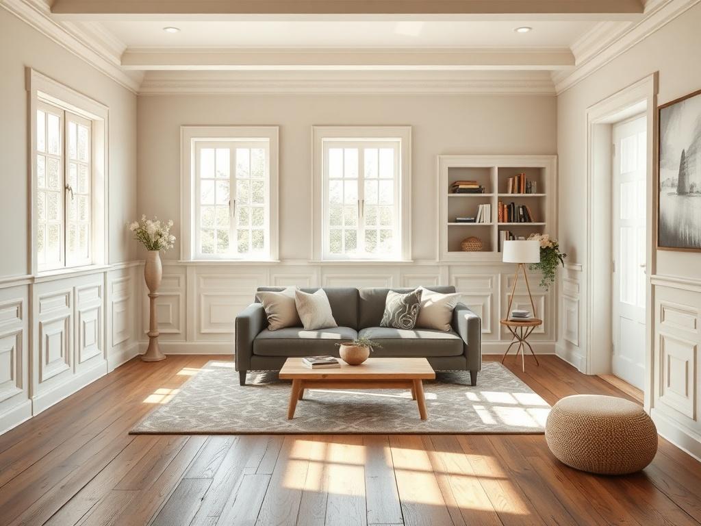 A beautifully designed living room featuring elegant wainscoting in a soft, neutral color palette. The wainscoting extends from the floor to halfway up the wall, showcasing intricate paneling. Natural light floods the room through large windows, highlighting the clean lines of the furniture and the rustic wooden flooring. A stylish sofa sits in the center, complemented by decorative cushions and a coffee table with a natural wood finish. The background includes a tastefully arranged bookshelf, adding charac