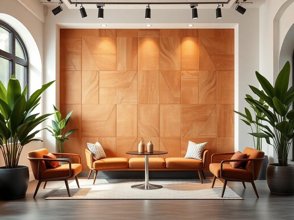 A vibrant commercial space with a chic accent wall that features geometric paneling in a warm earth tone. The accent wall serves as a stunning focal point, contrasting with the clean white walls around it. Stylish furniture pieces, including modern chairs and a sleek table, are arranged in front of the wall, inviting customers to sit and enjoy the ambiance. Soft lighting enhances the wall's texture and colors, creating an inviting atmosphere. Potted plants in the corners add a touch of greenery to the desig