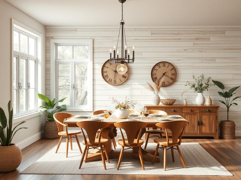 A cozy dining area featuring a rustic shiplap accent wall painted in a soft, muted tone. The shiplap adds texture and warmth to the space, complemented by a wooden dining table surrounded by stylish chairs. A statement chandelier hangs above the table, providing warm lighting for family gatherings. The background showcases a beautifully set table with dinnerware and decorative elements, emphasizing the inviting atmosphere. Large windows let in natural light, highlighting the organic textures and earthy colo