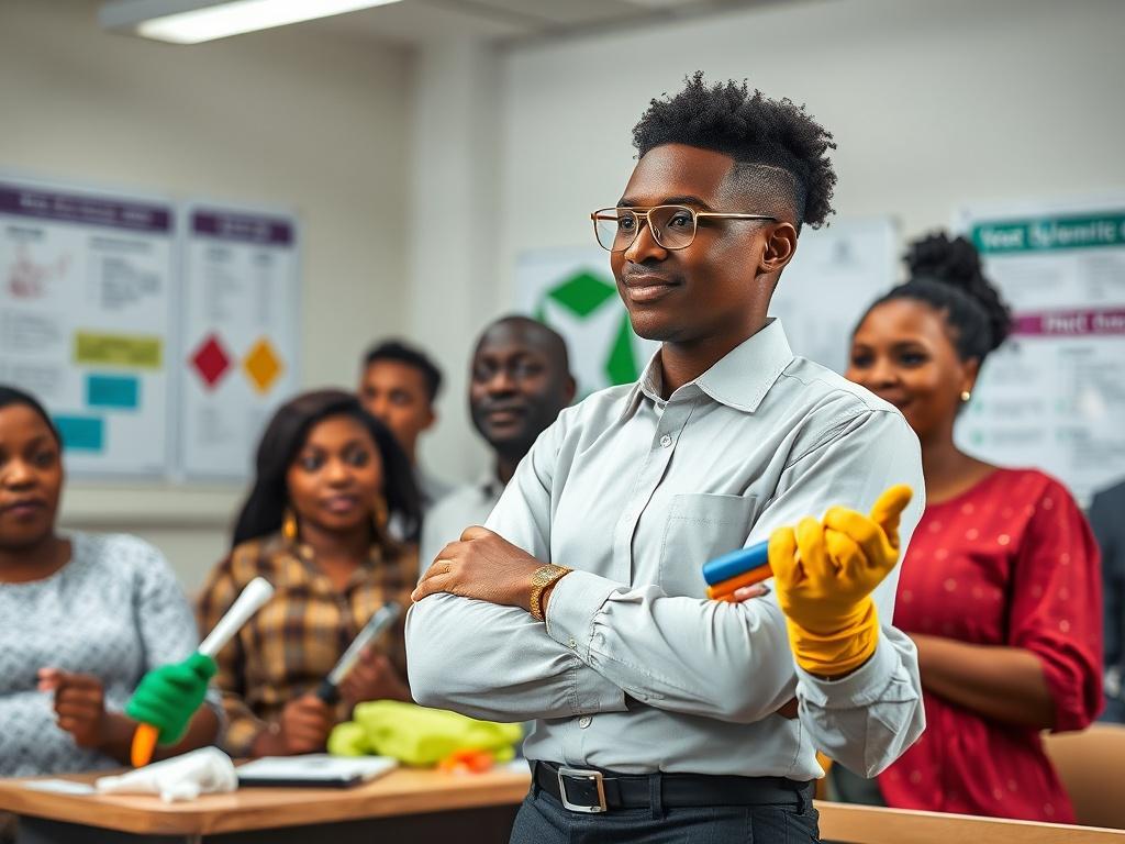A close-up shot of a diverse group of Nigerian trainees in a well-lit classroom setting, actively engaged in a pest control and cleaning service training session. The trainer, a professional in a smart uniform, is demonstrating techniques with cleaning equipment and pest control tools in hand. The background shows educational posters related to pest management and cleaning tips. The image should convey a sense of professionalism, teamwork, and dedication to learning, with vibrant colors that reflect the tra
