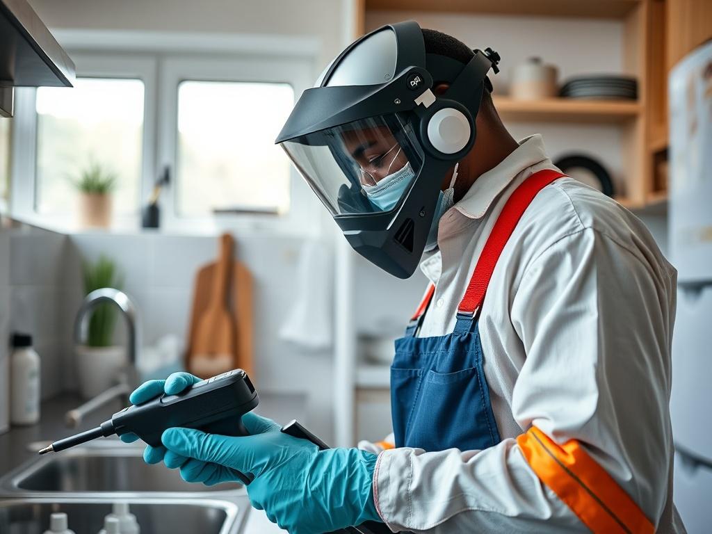 A Nigerian pest control professional in a residential kitchen, using