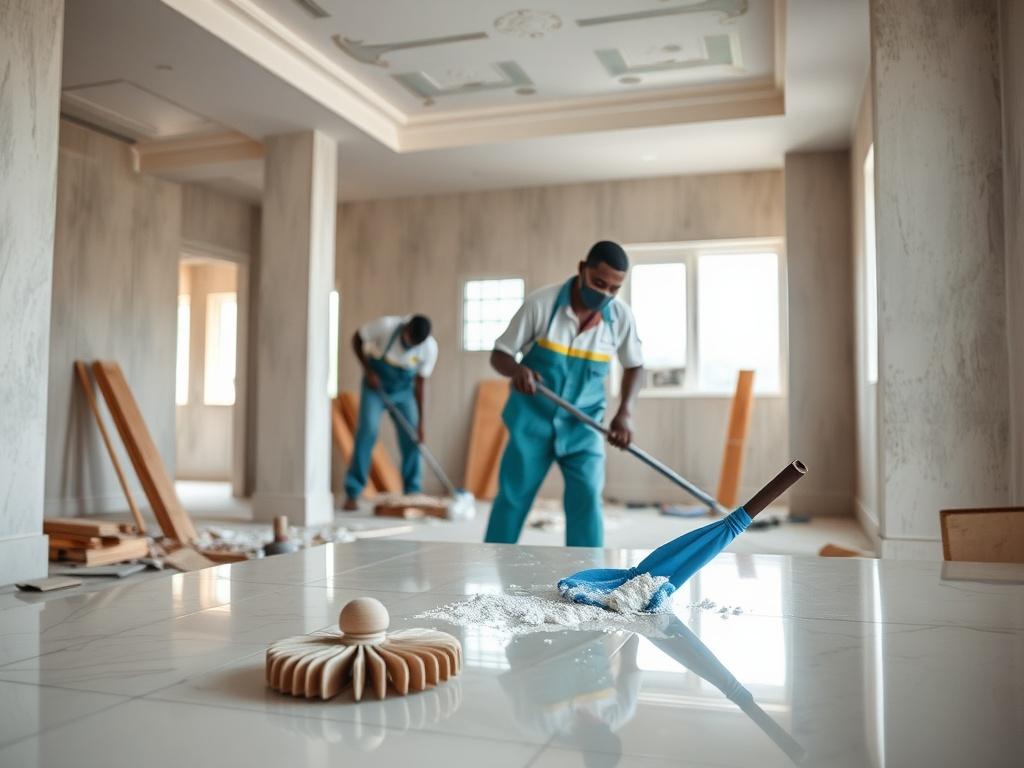 A Nigerian cleaning crew in a newly constructed house, actively