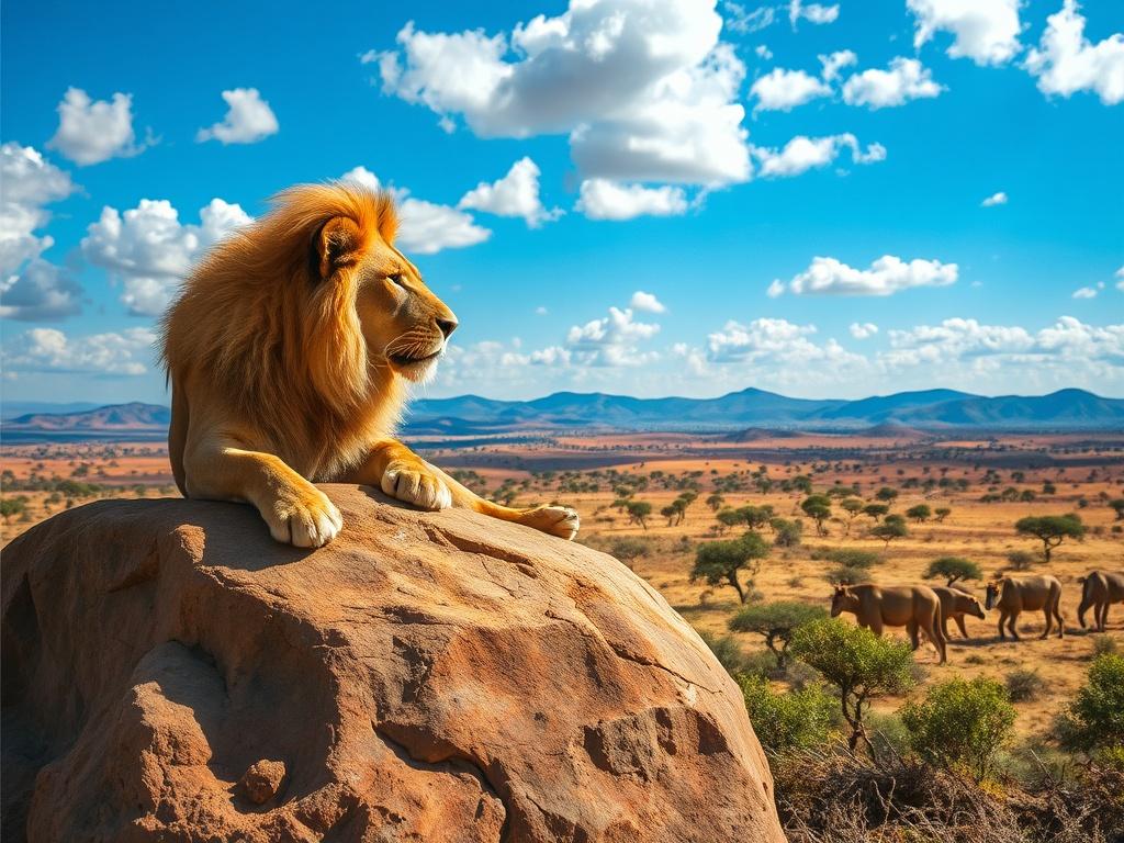Create a realistic high-resolution photo that showcases the breathtaking landscapes of Tanzania's national parks. The composition should be simple and clear, featuring a majestic lion lounging peacefully on a sun-drenched rock outcrop, with its mane gently blowing in the warm breeze. The background should be a stunning vista of a sprawling savanna, dotted with acacia trees and rolling hills under a deep blue sky with soft, fluffy clouds. The lion should be positioned slightly off-center, capturing the essence of the wild and inviting viewers to explore the beauty of Tanzania's natural heritage. Use earthy tones to enhance the realistic feel of the environment, ensuring the color palette harmonizes with the rustic aesthetic style. The image should evoke a sense of tranquility and awe, perfectly reflecting the theme of exploration in Tanzania's national parks.
