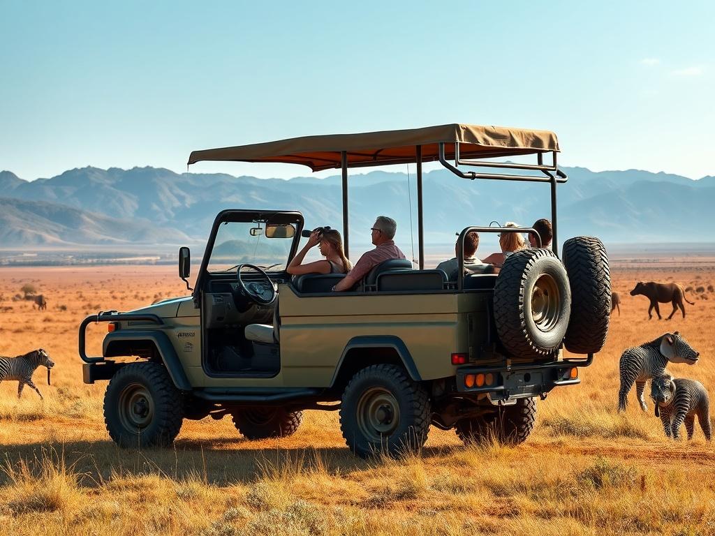 A private safari jeep parked in a vast Tanzanian landscape,