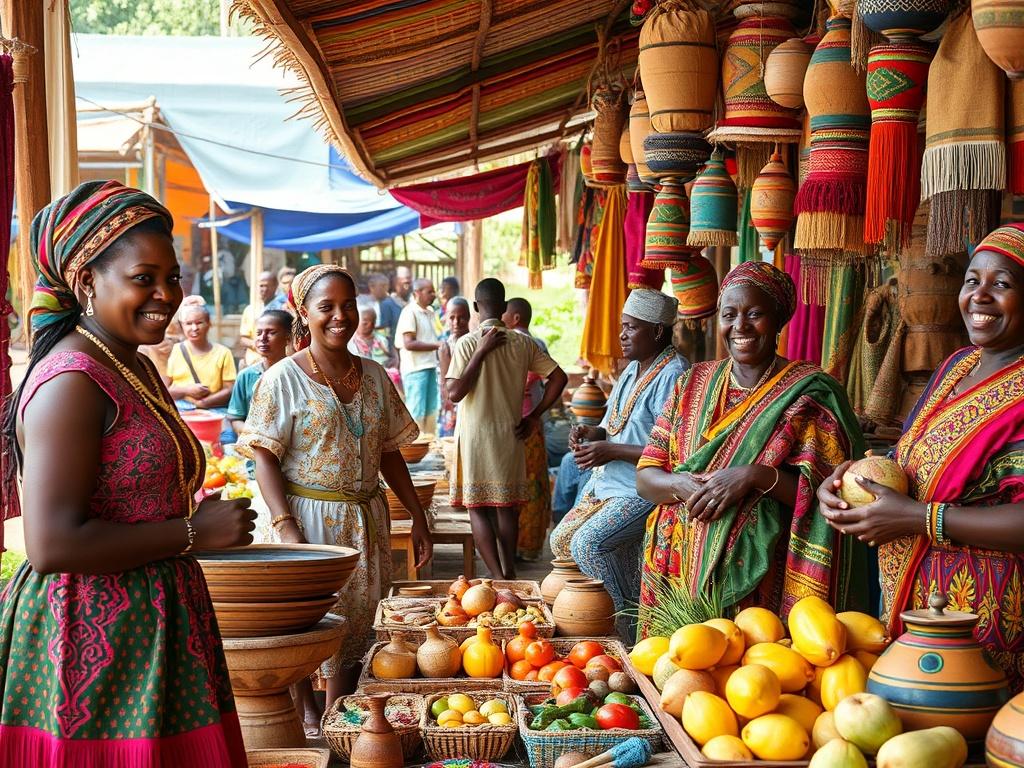 A vibrant market scene in Tanzania, showcasing local artisans selling