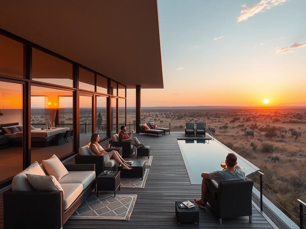 An elegant luxury safari lodge overlooking a scenic landscape, with