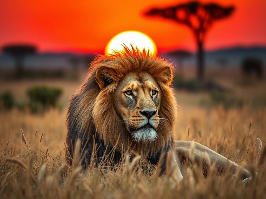 A stunning close-up of a majestic lion resting in the tall golden grass of the Serengeti, with the sun setting in the background. The lion's powerful body is relaxed, showcasing its mane with intricate details. The background features blurred silhouettes of acacia trees under a vibrant orange sky, creating a serene yet wild atmosphere. The photo is captured using a 45mm f/1.2 lens for a hyper-realistic effect.