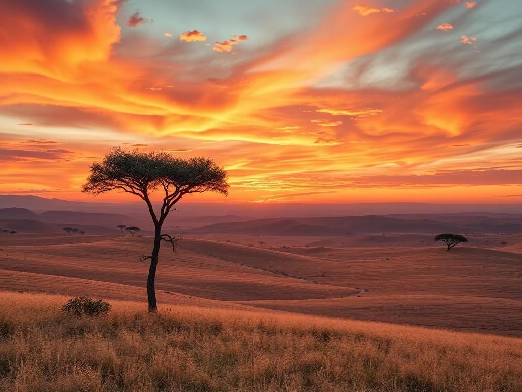 A panoramic view of the breathtaking African landscape, featuring rolling hills, vast grasslands, and a vibrant sunset sky filled with oranges, pinks, and purples. A solitary acacia tree stands tall in the foreground, symbolizing the iconic beauty of the savanna. The composition captures the essence of the wild, showcasing the untouched beauty of nature and providing a sense of serenity and adventure. This image invites viewers to experience the tranquility and awe-inspiring landscapes of Africa.