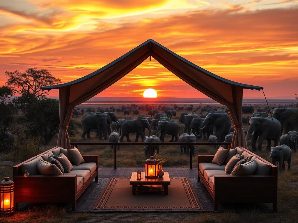 A breathtaking view of a luxury safari tent surrounded by the African savanna at sunset. The tent is elegantly furnished with plush seating and exotic decor, complemented by a warm golden glow from lanterns. In the background, a herd of elephants grazes peacefully under the colorful sky, showcasing the beauty of wildlife in a natural setting. The composition focuses on the tent as the main subject, with the vibrant colors of the landscape enhancing the luxurious ambiance.