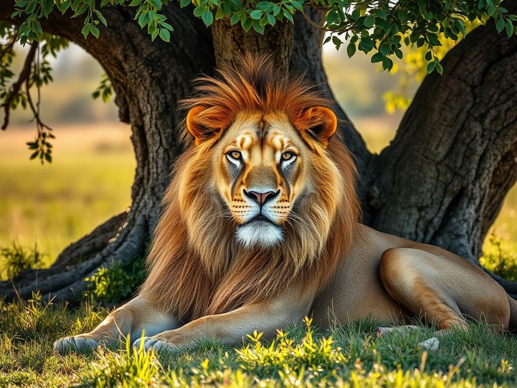 A striking close-up of a majestic lion resting under the shade of a tree in the African savanna. The lion's powerful presence emanates strength and grace, with its golden mane contrasting beautifully against the lush green grass. Soft sunlight filters through the branches, creating a serene atmosphere. The composition highlights the lion as the central figure, capturing the essence of wildlife in its natural habitat, inviting viewers to appreciate the beauty and magnificence of the animal kingdom.