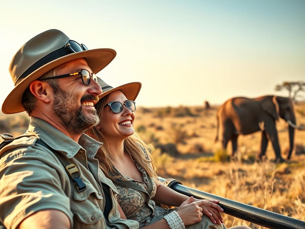 A realistic high-resolution photo of an adult couple enjoying a thrilling safari adventure in Africa, with a backdrop of savannah and wildlife. The couple is smiling, wearing safari gear, and observing a majestic elephant in the distance. The scene captures the essence of adventure and excitement in the African wilderness, with warm natural tones and earthy textures.