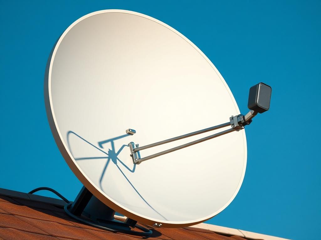 A hyper-realistic close-up shot of a modern DTH satellite dish installed on a rooftop, capturing the sleek design and metallic finish. The background should be a clear blue sky, emphasizing the technology's connection to satellite signals. The focus is solely on the dish, showcasing its details and structure, with a high-resolution quality to enhance the visual appeal.