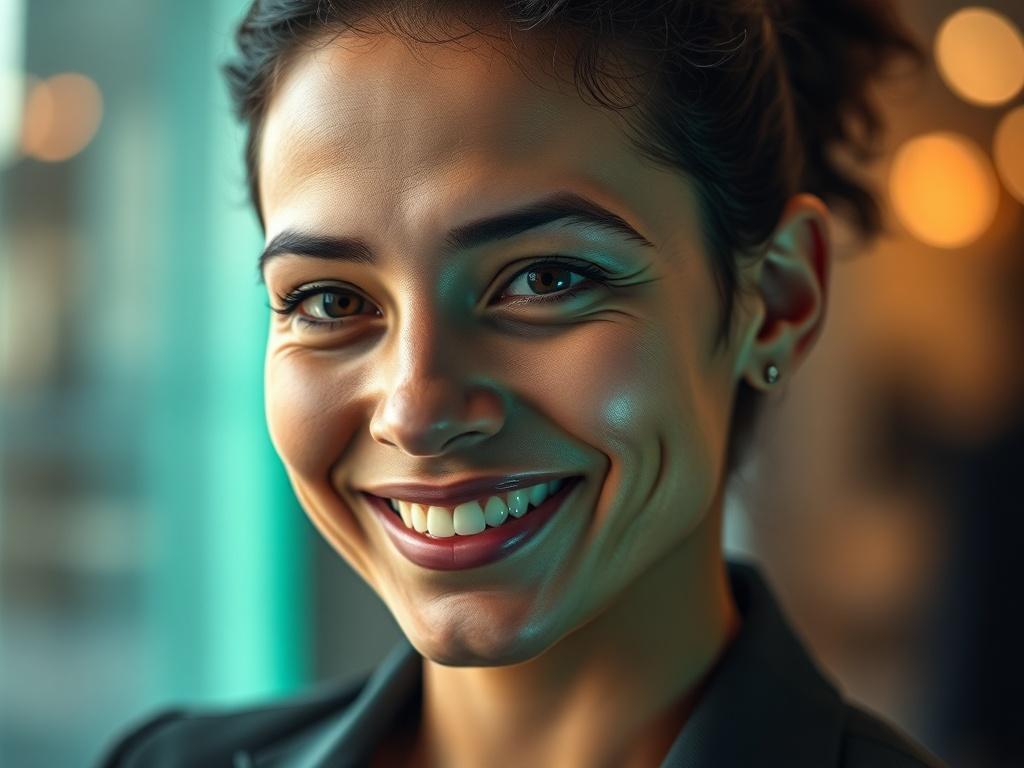 A hyper-realistic close-up shot of a confident individual looking directly at the camera, showcasing a warm smile. The background is softly blurred, highlighting the subject. The individual is dressed in professional attire, symbolizing trust and security, with a subtle green hue in the lighting that matches rgb(50, 170, 39). The overall focus is on the individual's expression, conveying confidence and empowerment.