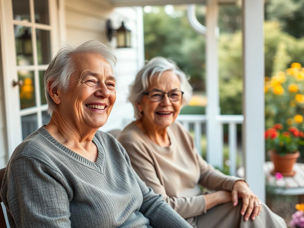 A close-up image of an older couple enjoying a peaceful moment on their porch, looking relaxed and happy, with a beautiful garden in the background. The composition should focus on their joyful expressions, symbolizing a secure and fulfilling retirement, shot with a 45mm f/1.2 lens.
