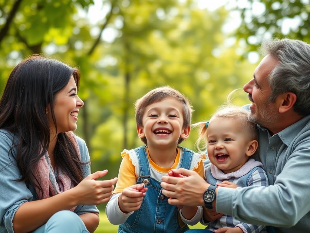 A close-up image of a family happily enjoying a day in a park, symbolizing security and happiness, with a vibrant green background. The composition should focus on the family, featuring parents and children laughing and playing together, captured with a 45mm f/1.2 lens to emphasize warmth and connection.