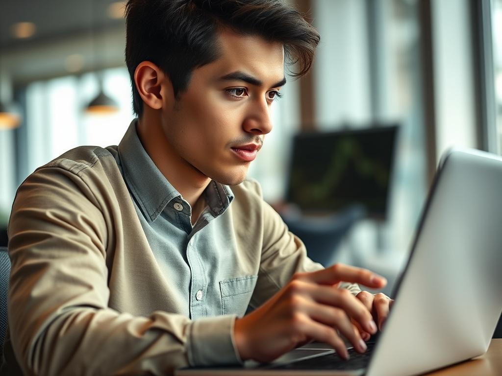 A close-up shot of a confident young professional analyzing financial charts on a laptop, showcasing determination and focus. The background should feature a modern office setting, with the subject in sharp focus, emphasizing ambition and financial growth, shot with a 45mm f/1.2 lens.