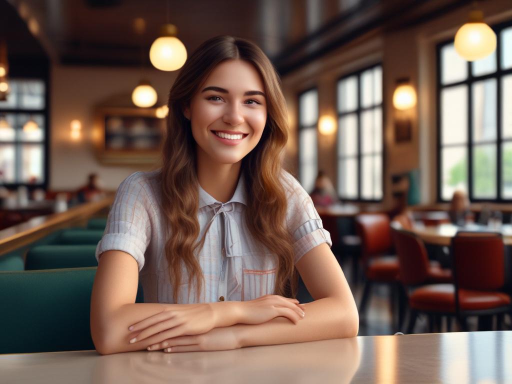 A beautiful young woman in stylish attire, smiling and exuding