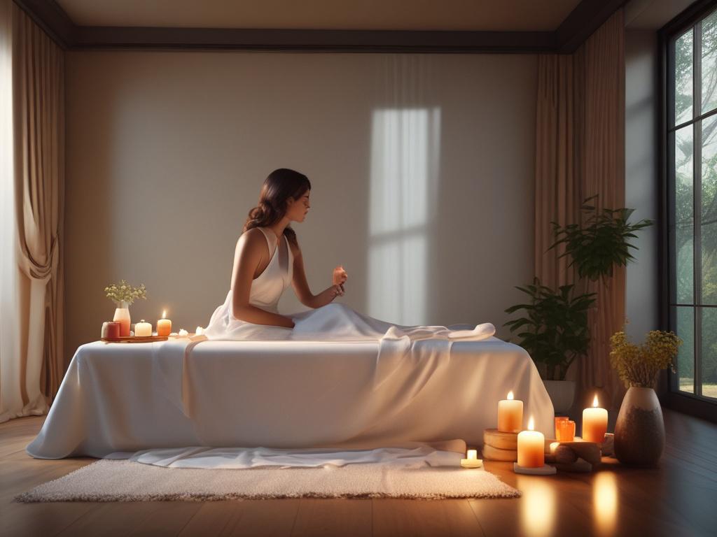 A serene setting featuring a luxurious massage table adorned with