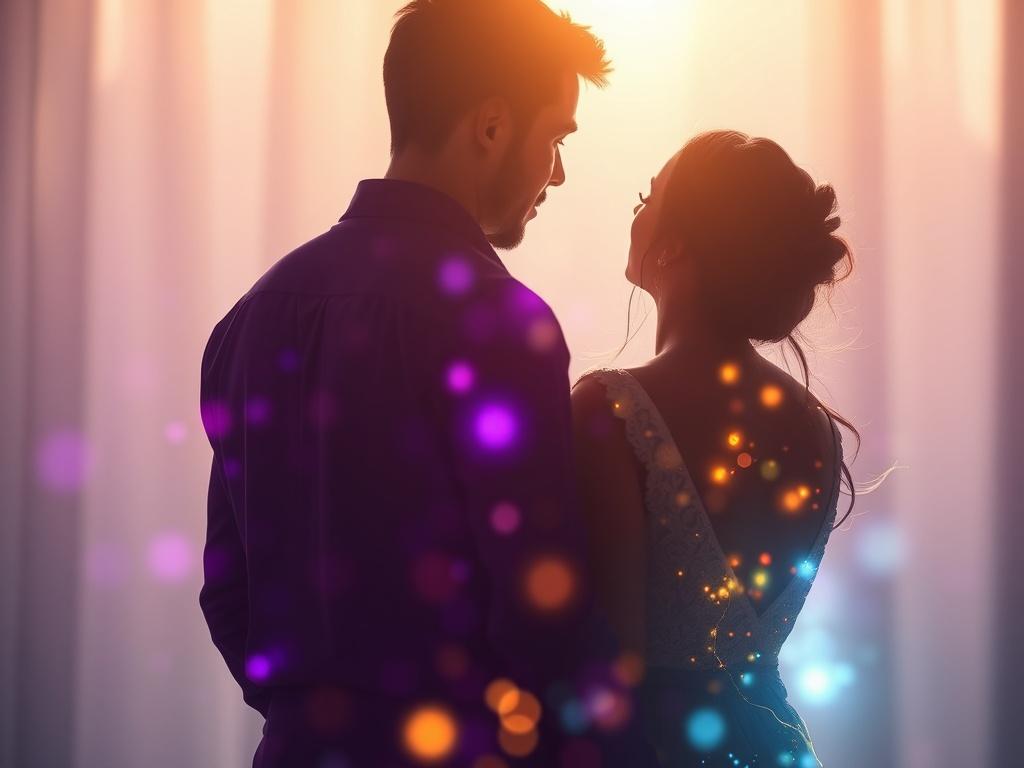 Create a hyper-realistic close-up image of a man and woman standing together, their backs facing the viewer, with vibrant auras visibly emanating from their bodies. The auras should blend in shades of purple, blue, and gold, symbolizing love and connection. The background should be softly blurred, emphasizing the couple's silhouette, with gentle light illuminating their figures. The overall tone should be mystical and enchanting, with a modern touch that resonates with the themes of soulmates and reunited l