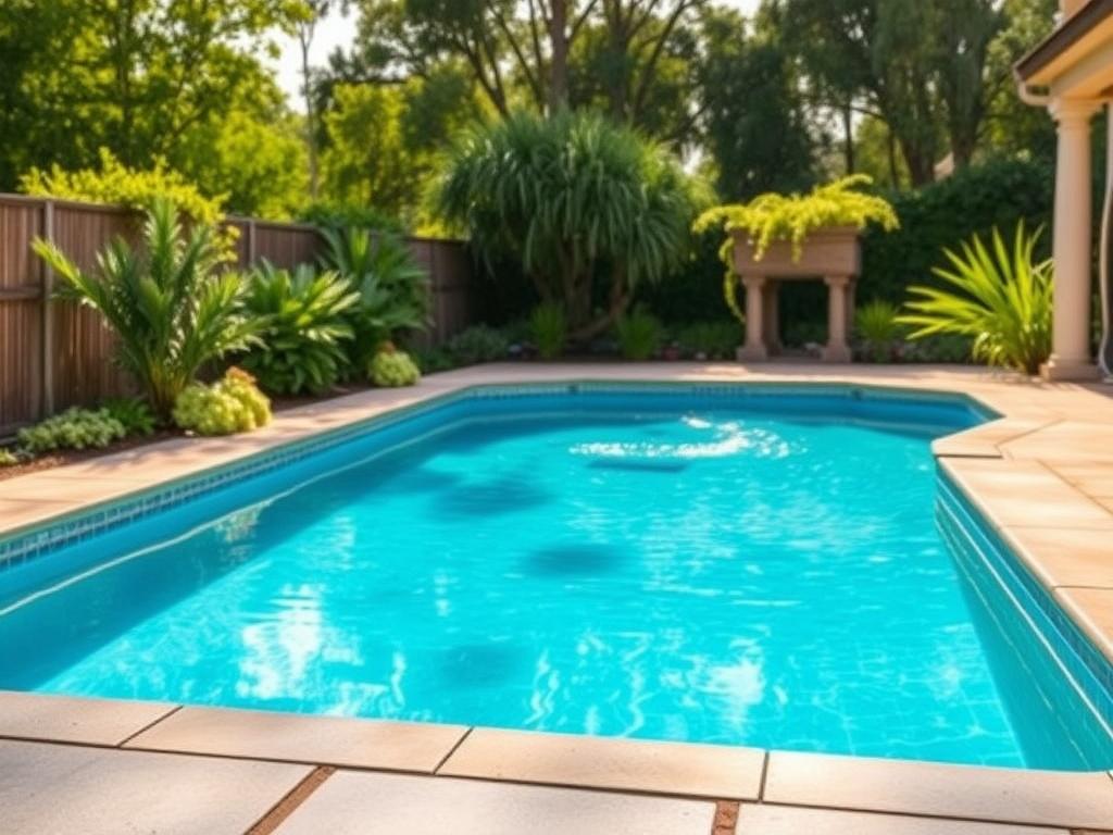 A serene backyard pool surrounded by lush greenery, with clean,