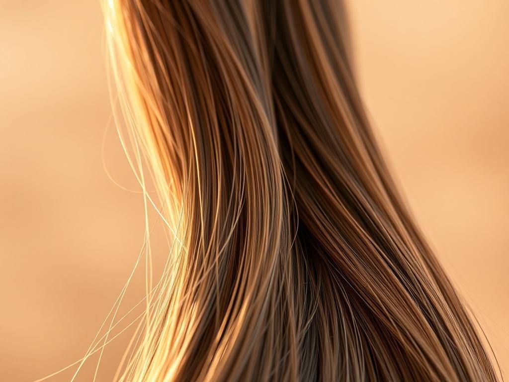 Create a realistic high-resolution photo featuring a single, luxurious strand of virgin human hair extension. The hair should be voluminous and shiny, showcasing its high quality and natural texture. Capture the strand in a way that highlights its softness and shine, perhaps with a gentle cascade that allows the light to reflect beautifully off of it. 

The composition should be simple and focused, with no distracting elements in the background. Use a soft, blurred backdrop that features subtle earth tones 
