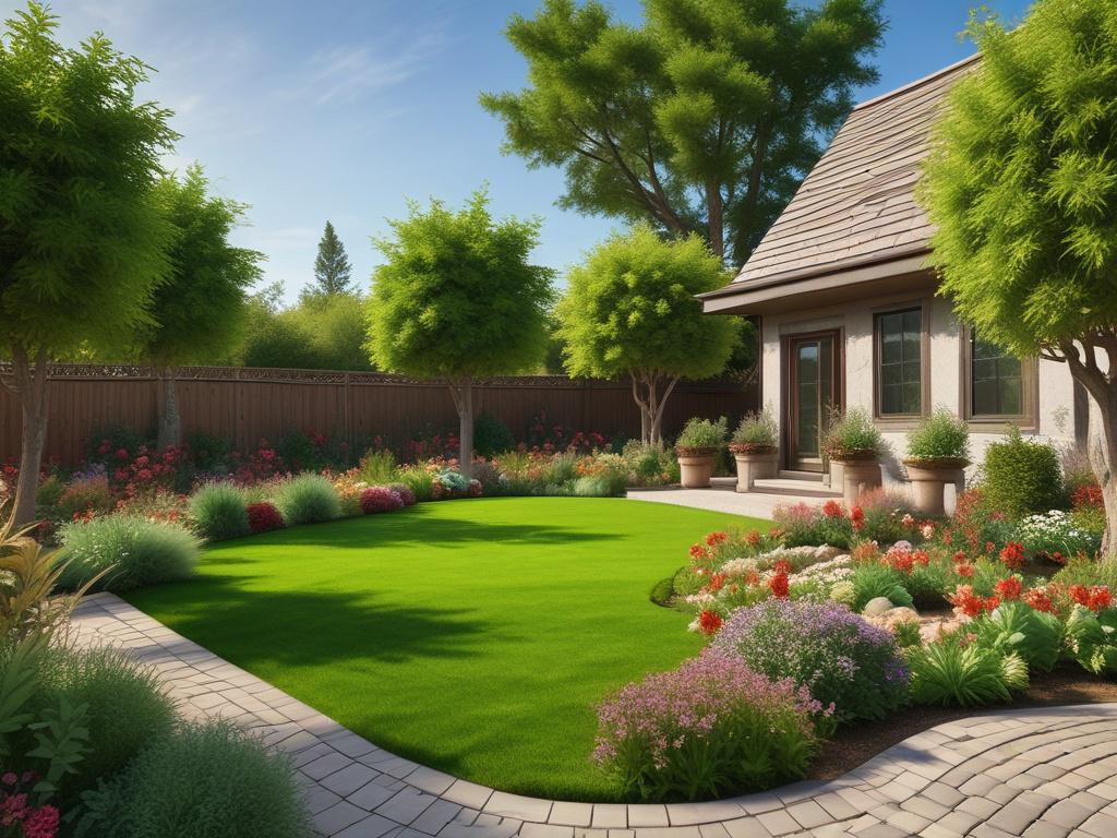 A perfectly manicured lawn with neatly trimmed green grass, hedges lining the perimeter in uniform height and shape, and colorful arrangements of flowers planted deliberately in well-defined beds. The composition is simple and clear with the lawn as the single subject in the image. The background includes a natural, rustic setting with earthy textures and natural tones, compatible with the rgb(50, 170, 39) primary color. The scene conveys eco-friendly lawn care and a love of the earth and nature.