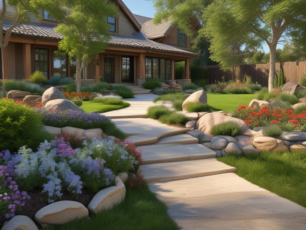 An expansive view of a beautifully landscaped yard featuring native