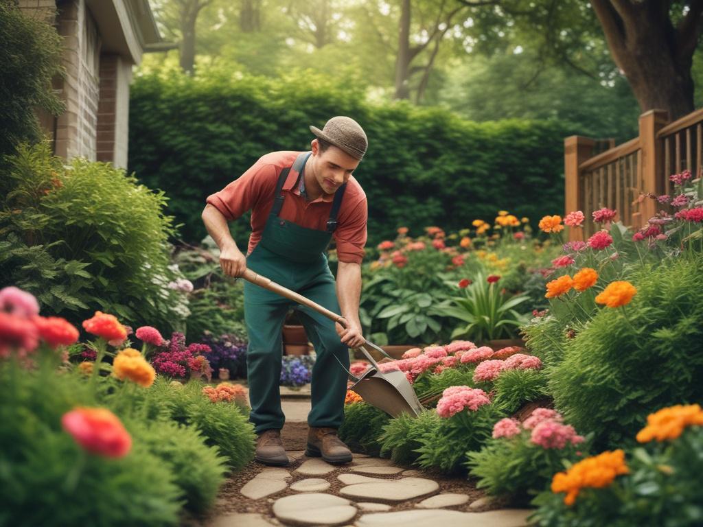 A serene backyard scene depicting a professional gardener tending to