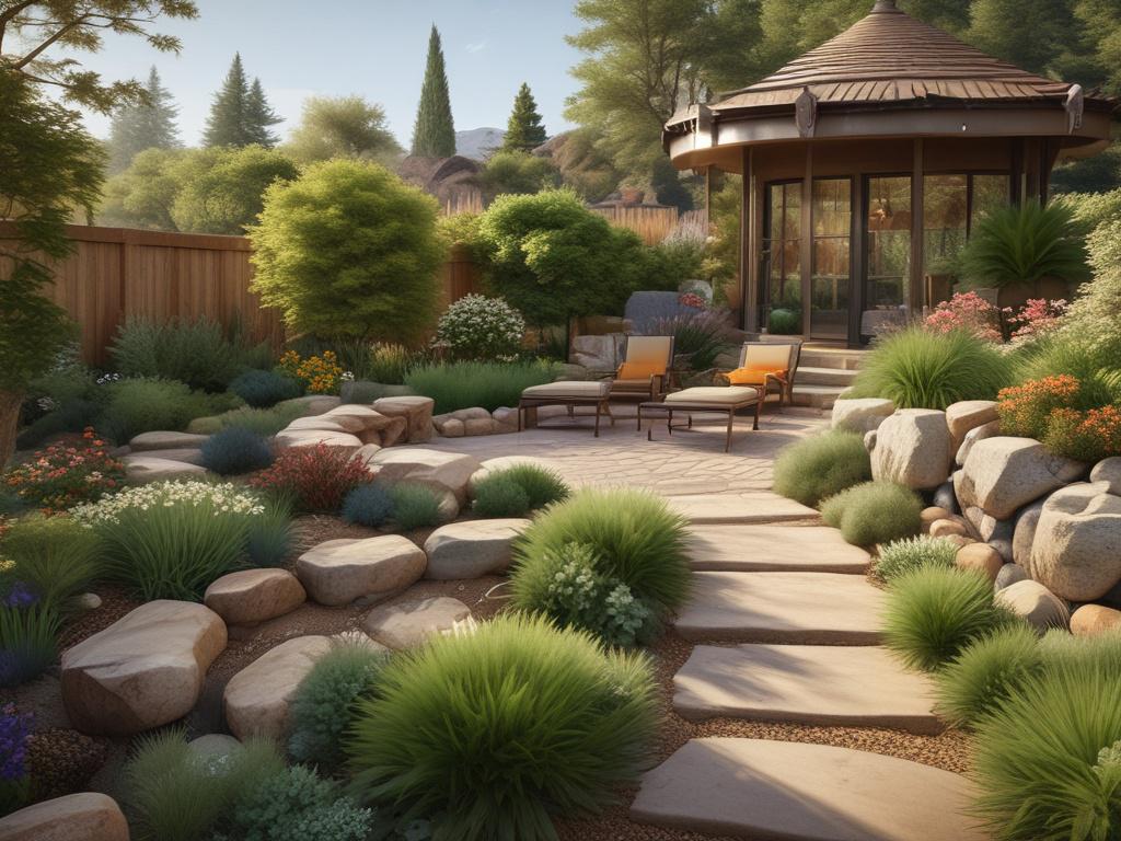 A beautifully designed landscape featuring a variety of plants and