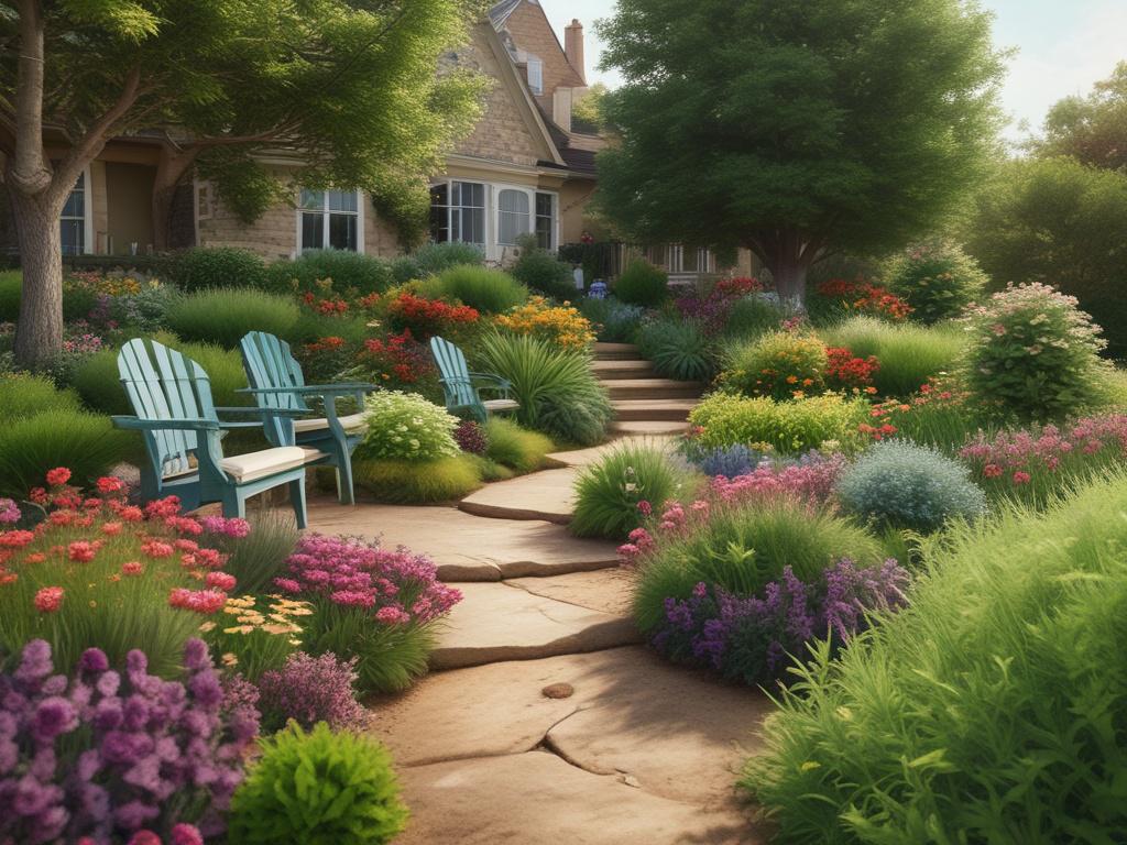 A serene garden scene featuring a lush green lawn free