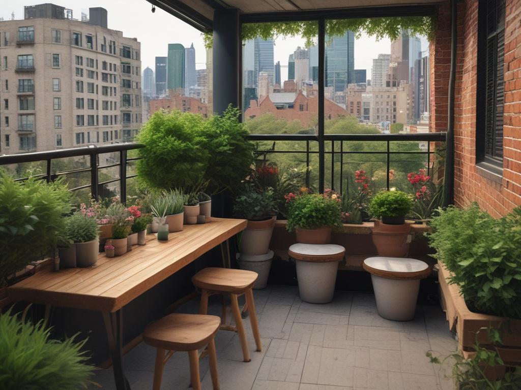 A beautifully designed small urban garden on a balcony, featuring vibrant green plants and colorful flowers in pots. The scene captures a cozy seating area with a rustic wooden chair and table, surrounded by lush greenery. The background shows a city skyline, emphasizing the contrast between urban life and nature. The overall color tone is warm and earthy, reflecting the essence of an eco-friendly garden. The composition is simple, focusing on the garden space and its inviting ambiance.