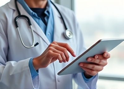 Healthcare professional reviewing medical research data