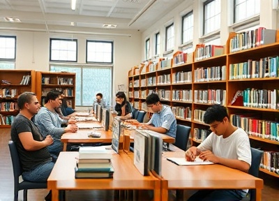 Academic library with students studying research materials