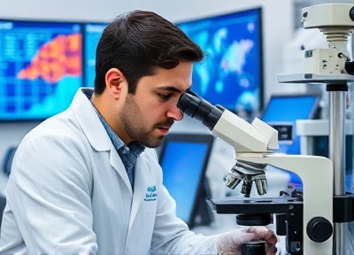 Scientist working with microscope in laboratory setting